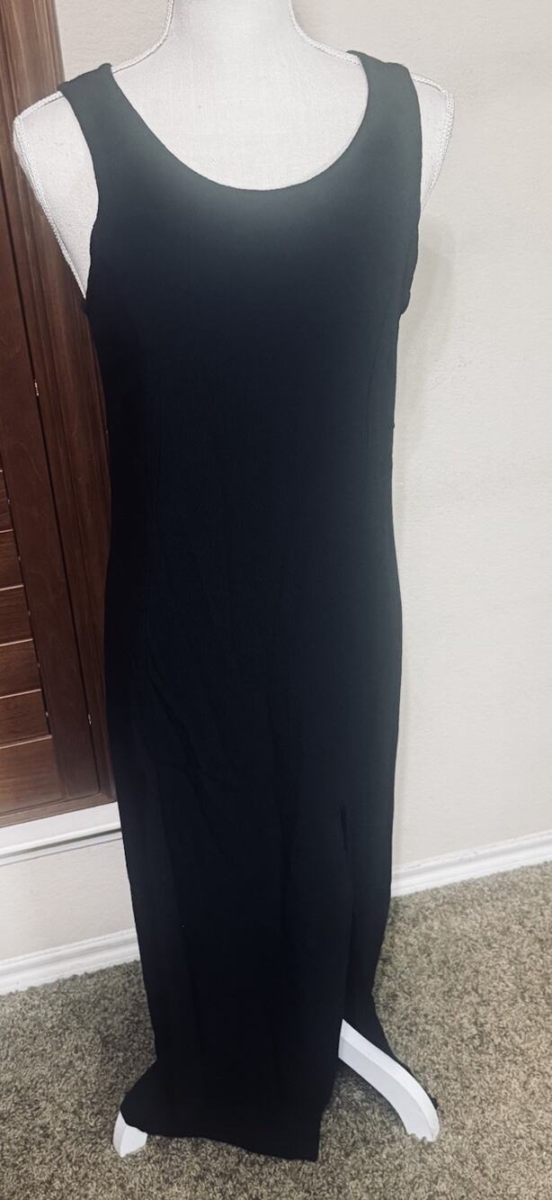 Eileen Fisher Black textured dress Minimalist scoop neck sleeveless midi Tank M